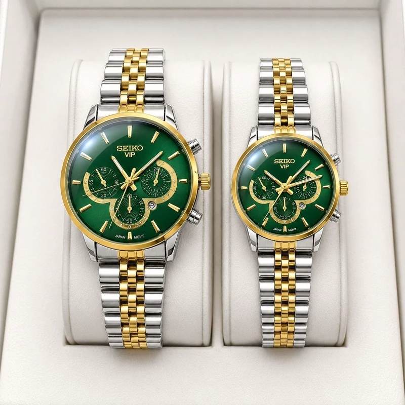 ست ساعت مردانه زنانه سیکو seiko vip بند استیل نقره ای طلایی صفحه سبز