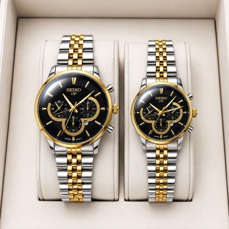 ست ساعت مردانه زنانه سیکو seiko vip بند استیل نقره ای طلایی صفحه مشکی