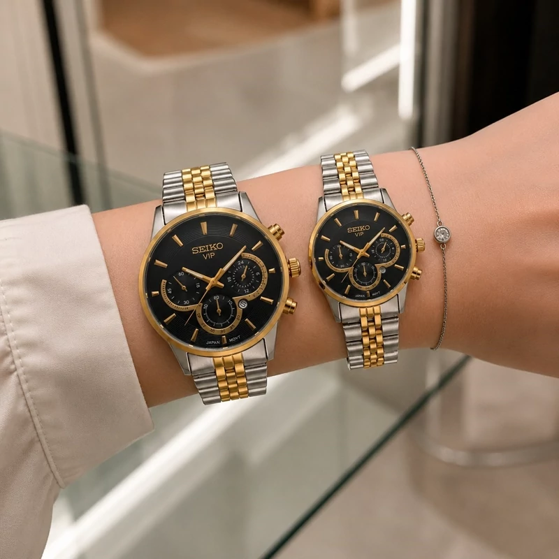 ست ساعت مردانه زنانه سیکو seiko vip بند استیل نقره ای طلایی صفحه مشکی