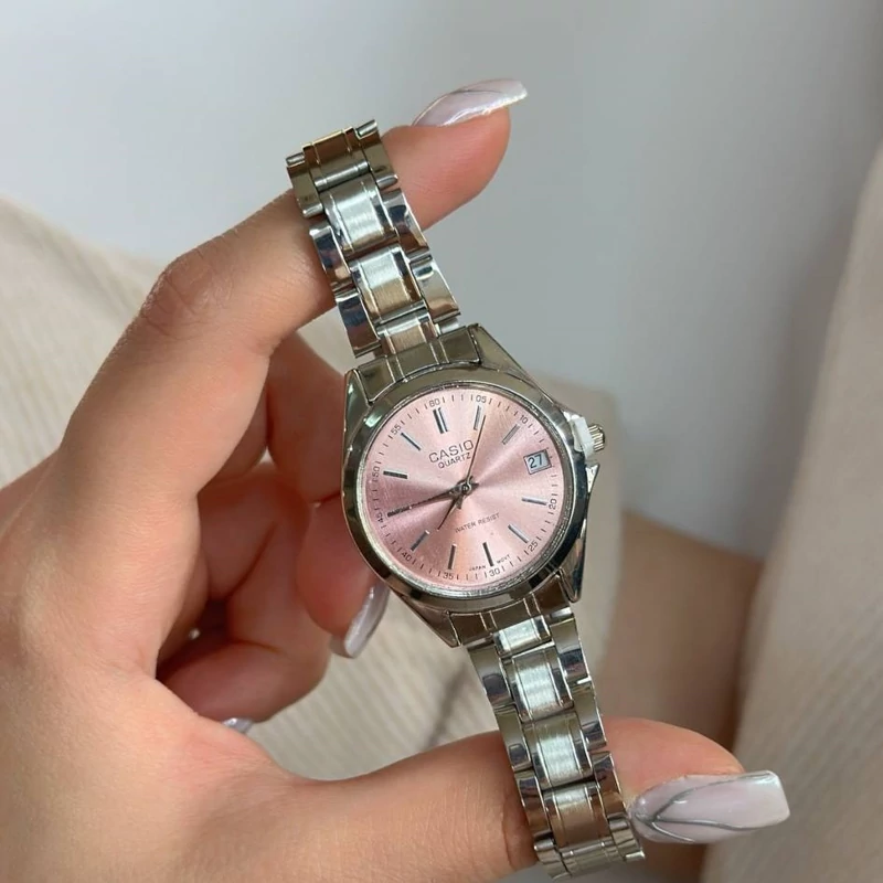 ساعت مچی زنانه دخترانه کاسیو casio کیفیت عالی پرمیوم نقره ای گلبهی