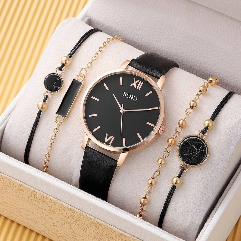 ست ساعت و دستبند دخترانه زنانه بند چرمی قهوه ای
