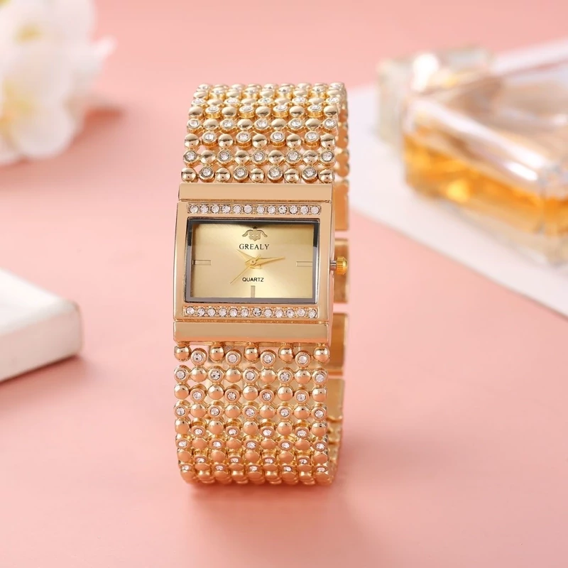 ساعت مچی زنانه دخترانه REALY jewellery طلایی تیفانی مکعبی بند دستبندی مجلسی