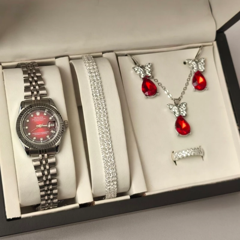 ساعت زنانه دخترانه رولکس Rolex قرمز با نیم ست طرح اشکی اناری قرمز