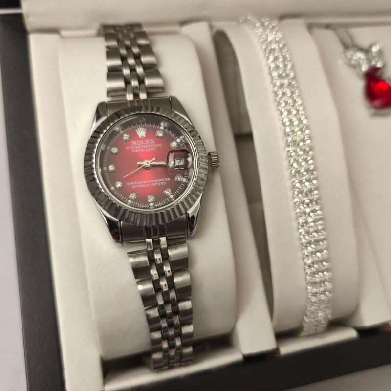 ساعت زنانه دخترانه رولکس Rolex قرمز با نیم ست طرح اشکی اناری قرمز