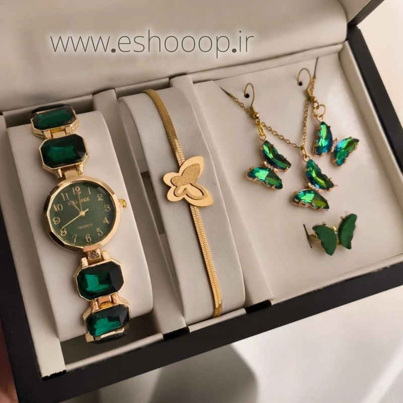 ست ساعت زنانه دخترانه با دستبند و نیم ست پروانه کریستالی