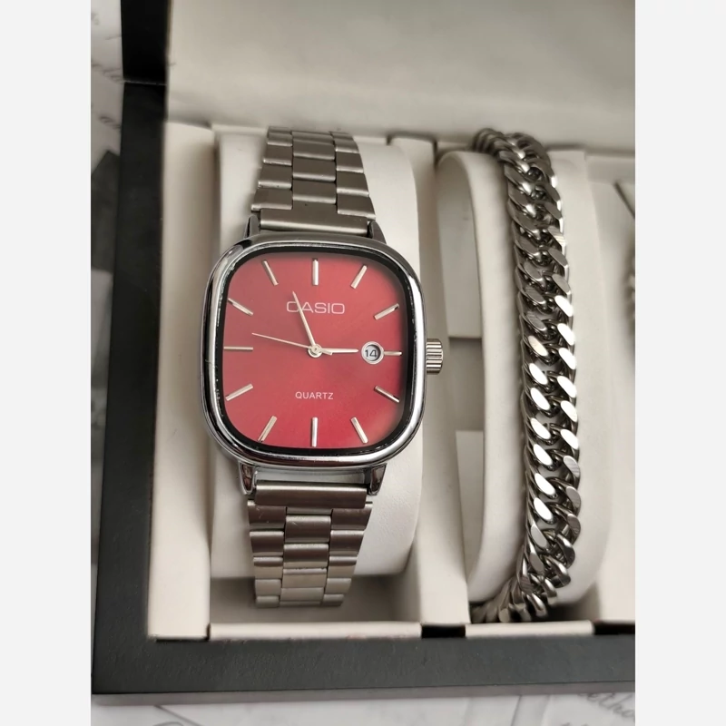 ست ساعت مردونه کاسیو casio اولدمانی با دستبند و گردنبند کارتیر و حلقه استیل