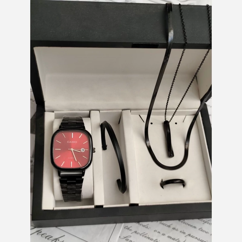 ست ساعت مردانه کاسیو casio اولدمانی مشکی صفحه قرمز با دستبند بنگل و گردنبند و حلقه