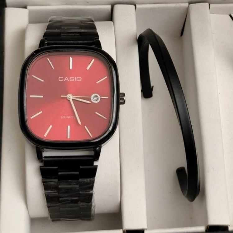 ست ساعت مردانه کاسیو casio اولدمانی مشکی صفحه قرمز با دستبند بنگل و گردنبند و حلقه