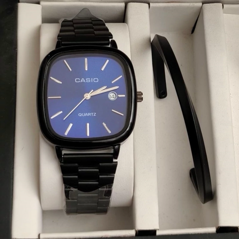 ست ساعت مردانه کاسیو casio اولدمانی مشکی صفحه آبی با دستبند بنگل و گردنبند و حلقه