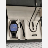 ست ساعت مردانه کاسیو casio اولدمانی مشکی صفحه آبی با دستبند بنگل و گردنبند و حلقه