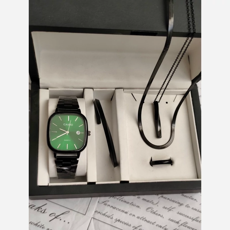 ست ساعت مردانه کاسیو casio اولدمانی مشکی صفحه سبز با دستبند بنگل و گردنبند و حلقه