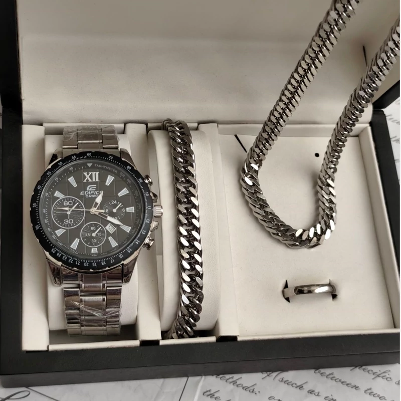 ست ساعت مردانه کاسیو ادیفایس casio با دستبند و گردنبند کارتیر و حلقه استیل