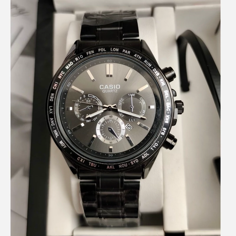 ست ساعت مردانه کاسیو casio مشکی با دستبند بنگل و گردنبند و حلقه