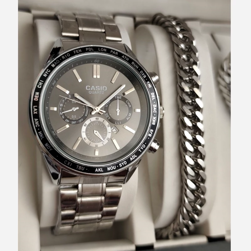 ست ساعت مردونه کاسیو casio با دستبند و گردنبند کارتیر و حلقه استیل