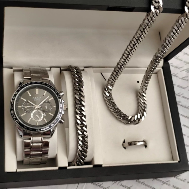 ست ساعت مردونه کاسیو casio با دستبند و گردنبند کارتیر و حلقه استیل