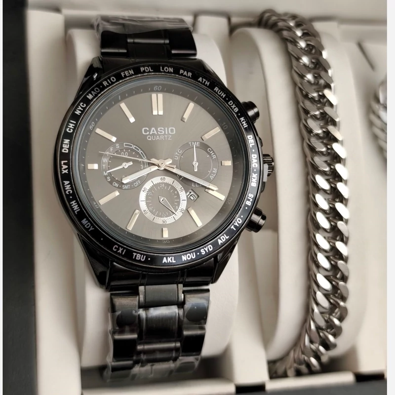ست ساعت مردونه کاسیو casio با دستبند و گردنبند کارتیر و حلقه استیل