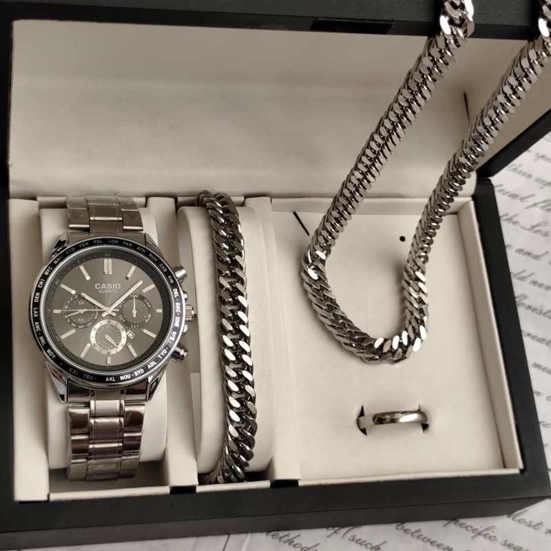 ست ساعت مردانه کاسیو casio با دستبند و گردنبند کارتیر و حلقه استیل