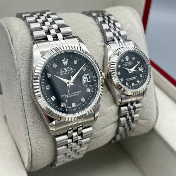 ساعت مردانه و زنانه رولکس Rolex دیت جاست نقره ای صفحه مشکی