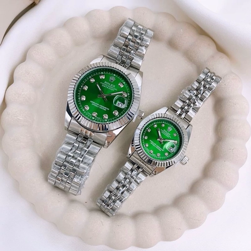 ساعت رولکس Rolex مردانه و زنانه کیفیت درجه یک استیل نقره ای صفحه سبز رنگ ثابت