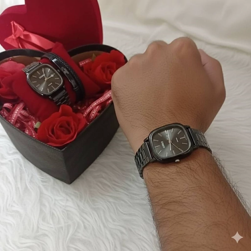 پک کادو مردانه ساعت و دستبند با باکس هدیه و گل