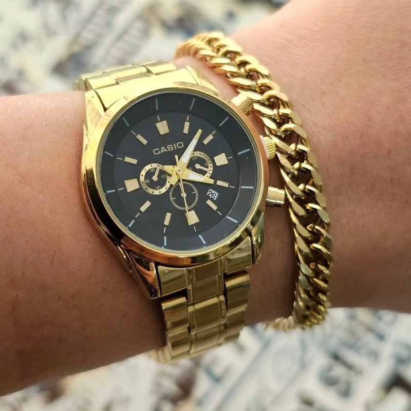 ساعت ست مردونه و زنونه کاسیو casio طلایی صفحه مشکی با دستبند و حلقه ارسال رایگان