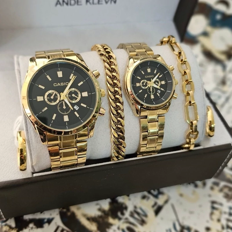 ساعت ست مردونه و زنونه کاسیو casio طلایی صفحه مشکی با دستبند و حلقه  ارسال رایگان