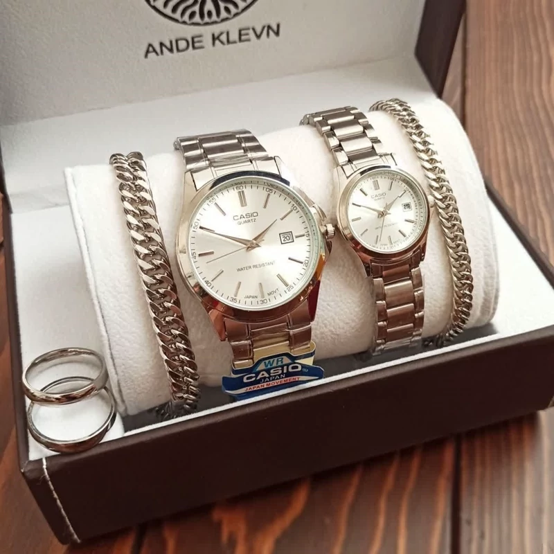 ست ساعت مردونه و زنونه کاسیو casio نقره ای استیل رنگ ثابت با کیفیت