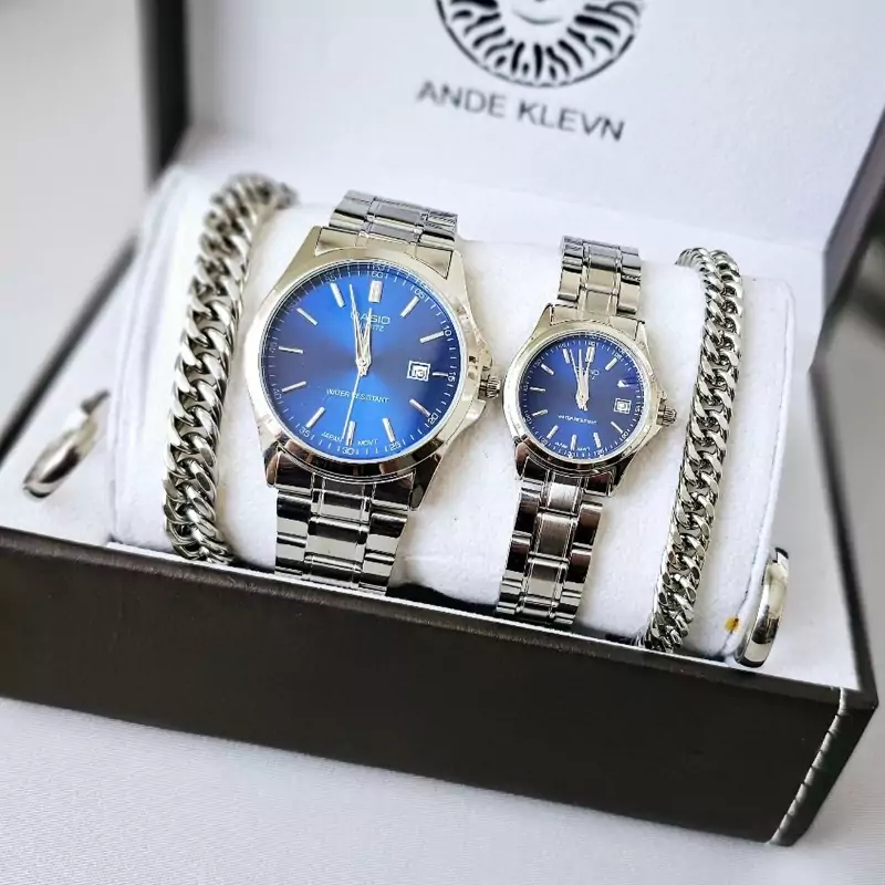 ست ساعت مردونه و زنونه کاسیو نقره ای صفحه آبی