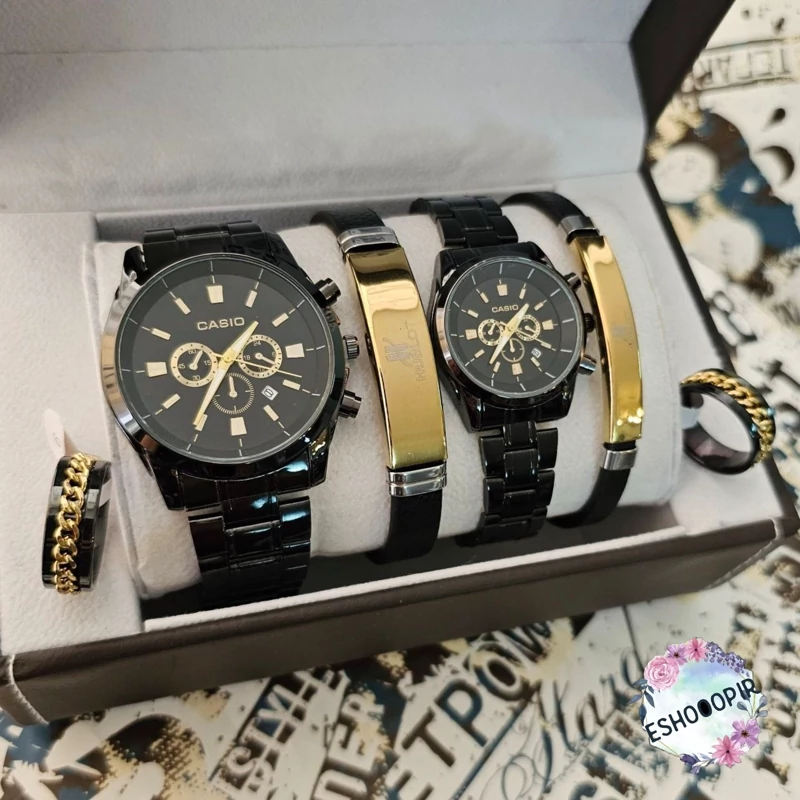 ساعت ست مردانه و زنانه با دستنبد و انگشتر برند کاسیو casio رنگ مشکی با دستبند چرم و ارسال رایگان