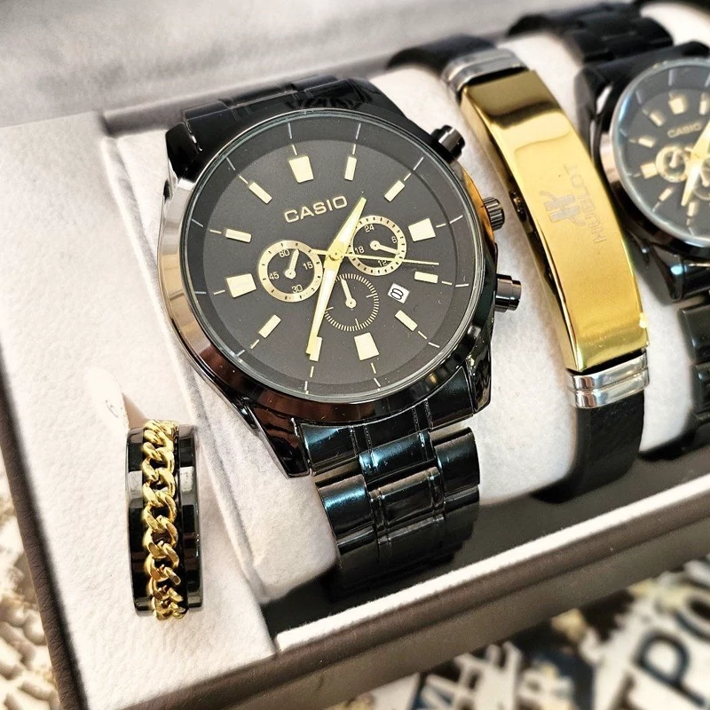 ساعت ست مردانه و زنانه با دستنبد و انگشتر برند کاسیو casio رنگ مشکی با دستبند چرم و ارسال رایگان