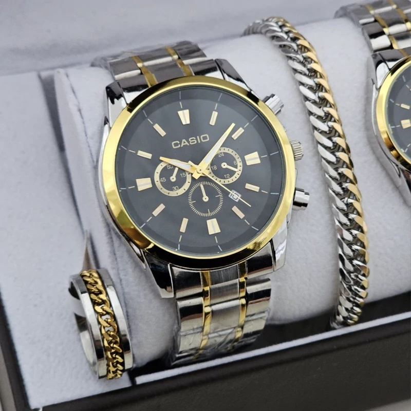 ست ساعت مردونه و زنونه کاسیو casio با دستبند و انگشتر ست صفحه مشکی با بند طلایی نقره ای رنگ ثابت با ارسال رایگان