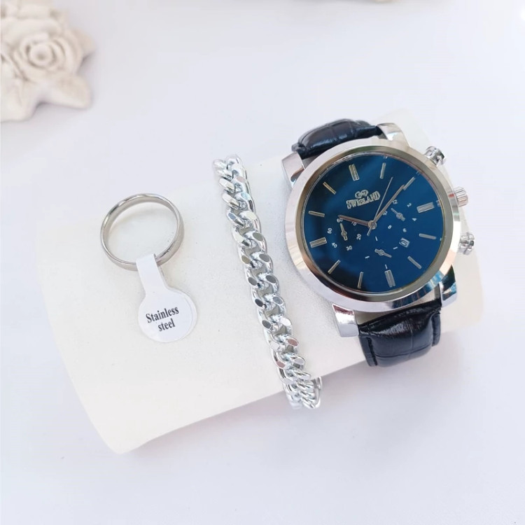 ساعت مردانه بند چرم دستبند انگشتر