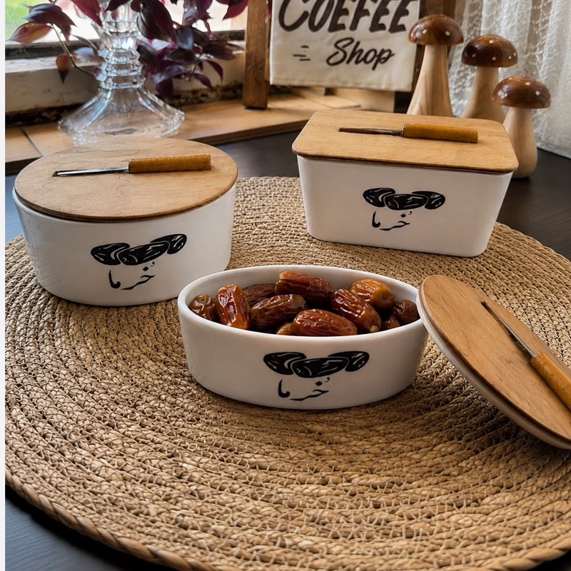 خرماخوری سرامیکی در چوبی نوشته دار و چنگال دار مستطیل