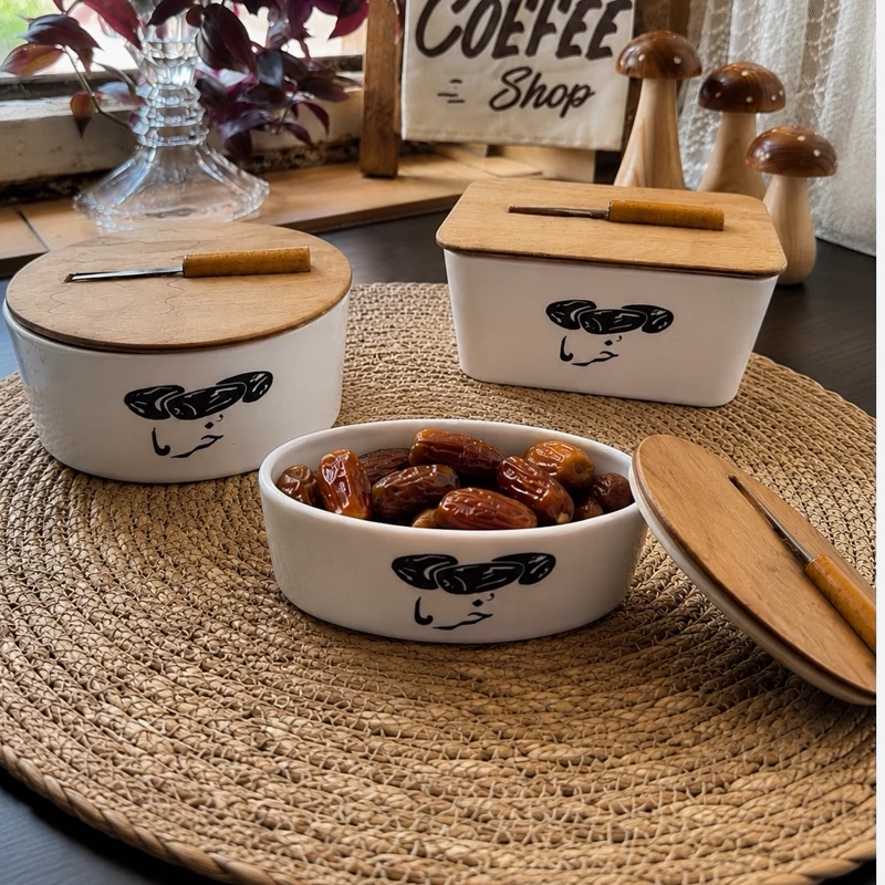 خرما خوری سرامیکی در چوبی چنگال دار مدل بیضی