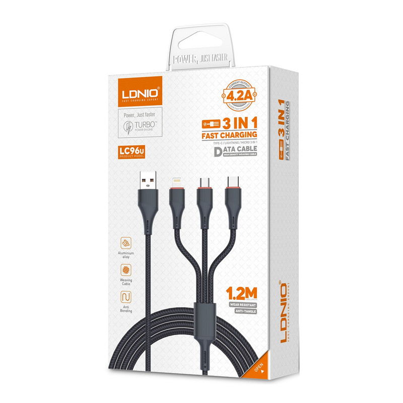 کابل تبدیل USB به USB-C / MICROUSB / لایتنینگ الدینیو مدل LC96u طول 1.2 متر