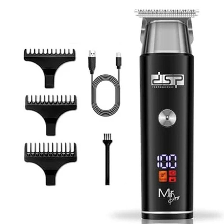 ماشین اصلاح موی سر و صورت دی اس پی مدل 91095 با تیغه استیل ضدزنگ، موتور 6700 دور در دقیقه، باتری لیتیومی 600mAh، شارژ و استفاده 120 دقیقهای، صفحه نمایش شارژ و عملکرد توربو همراه با 3 شانه 1.5، 3 و 4.5 میلیمتری