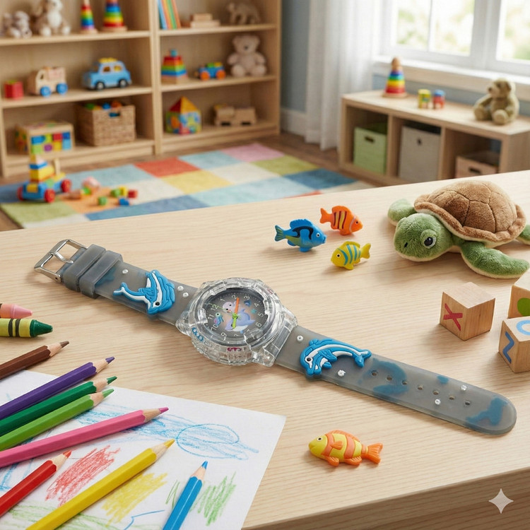 ساعت مچی عقربهای کوارتز بچگانه مدل اسپرت بند سیلیکونی ضد حساسیت چراغدار طرح دلفین