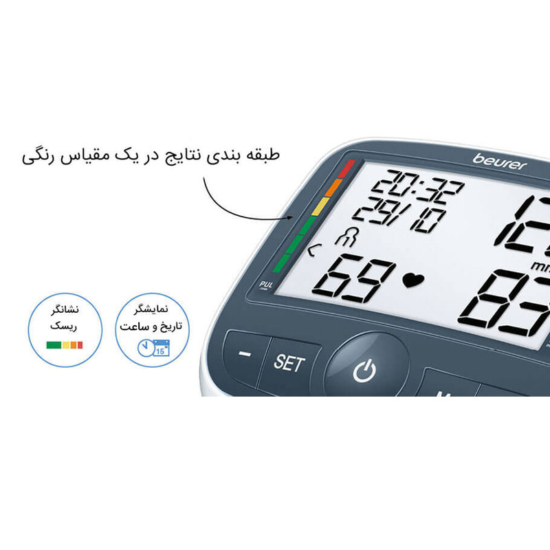 فشارسنج بازویی دیجیتال بیورر مدل BM40 با حافظه 99 رکورد، قابلیت استفاده دو کاربر، نمایش میانگین نتایج، اندازهگیری فشار خون و ضربان قلب، تشخیص آریتمی، هشدار باتری ضعیف، منبع تغذیه برق و باتری قلمی، سایز بازو 22 تا 35 سانتیمتر