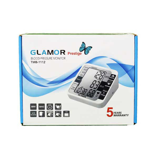 فشارسنج بازویی دیجیتال گلامور مدل TMB-1112 دو کاربره با حافظه 250 رکورد، تشخیص آریتمی، فناوری WMI، منبع انرژی برق و باتری، کاف فنری و ساده برای بازوی 22 تا 42 سانتیمتر، نمایش میانگین نتایج و خاموشی خودکار