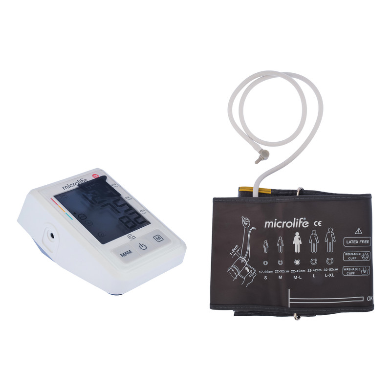 فشارسنج بازویی دیجیتال مایکرولایف مدل BP-B3 با حافظه ذخیره نتایج، مناسب بازو 22 تا 42 سانتیمتر، منبع تغذیه باتری و همراه با کیف نگهدارنده و کاف