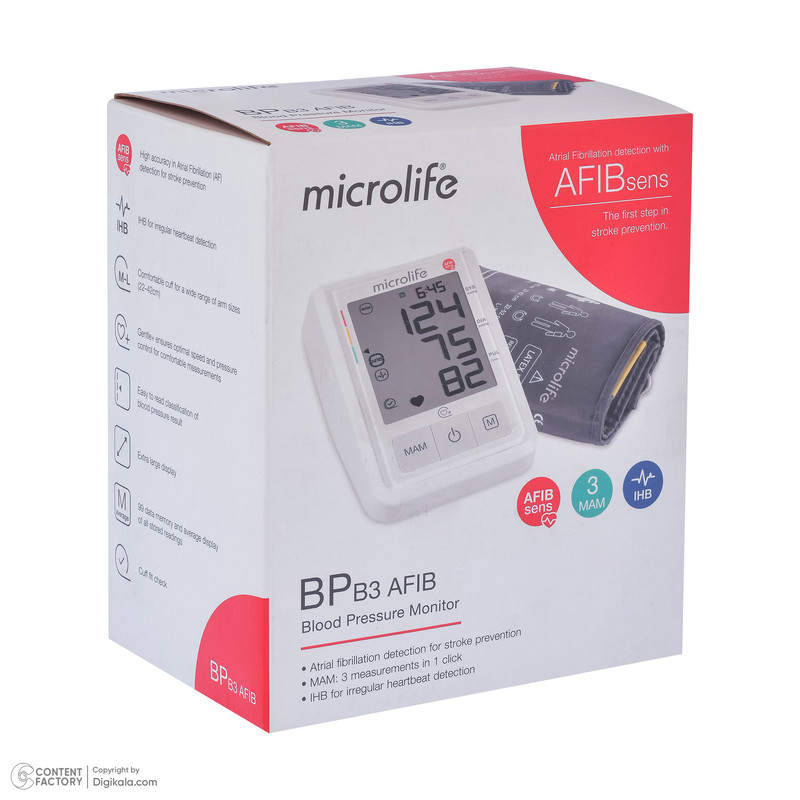 فشارسنج بازویی دیجیتال مایکرولایف مدل BP-B3 با حافظه ذخیره نتایج، مناسب بازو 22 تا 42 سانتیمتر، منبع تغذیه باتری و همراه با کیف نگهدارنده و کاف