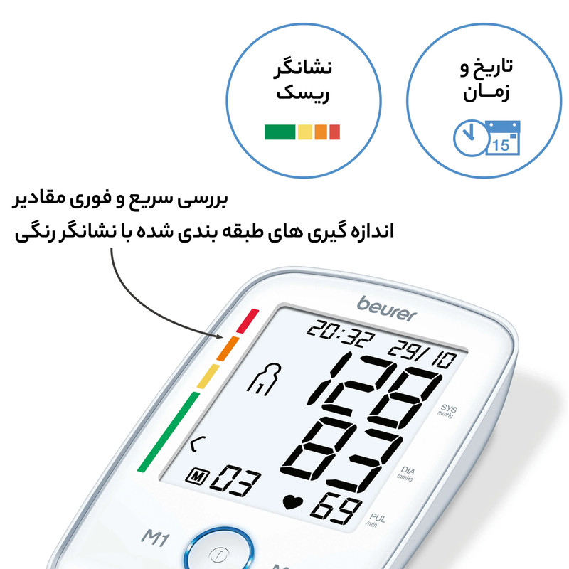 فشارسنج بازویی دیجیتال بیورر مدل BM45 با بلوتوث، ذخیره 60 نتیجه برای دو کاربر، نمایش میانگین نتایج، هشدار خطا، ضد ضربه و ضد آب