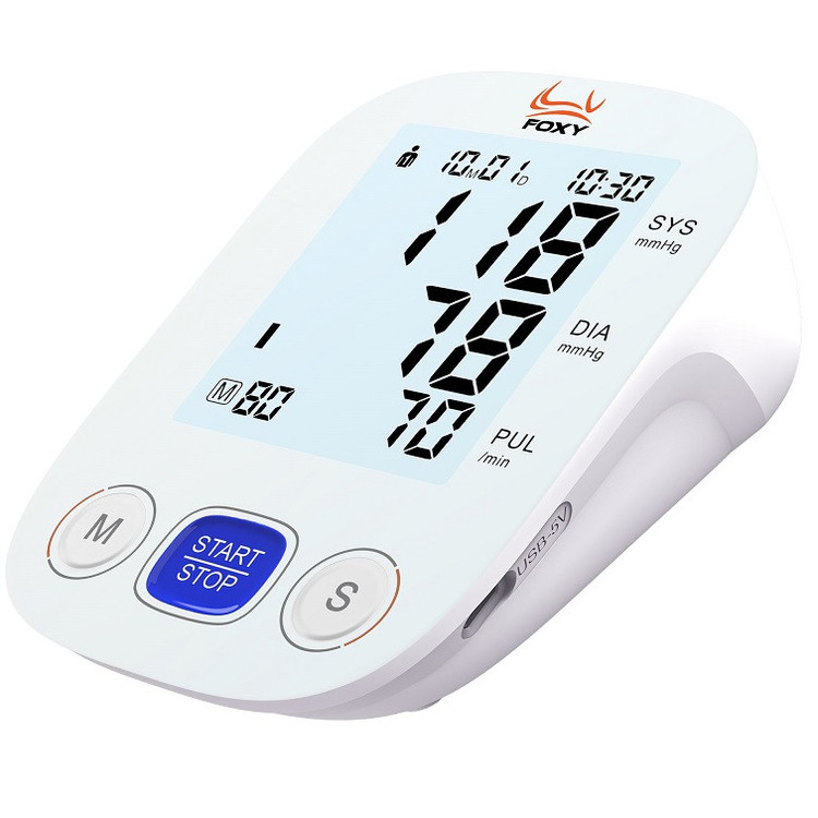 فشارسنج بازویی دیجیتال فوکسی مدل U80 با نمایشگر LCD، حافظه بیش از 99 رکورد، قابلیت اندازهگیری فشار خون و ضربان قلب، تشخیص آریتمی، دو پروفایل کاربر و منبع انرژی برق و باتری