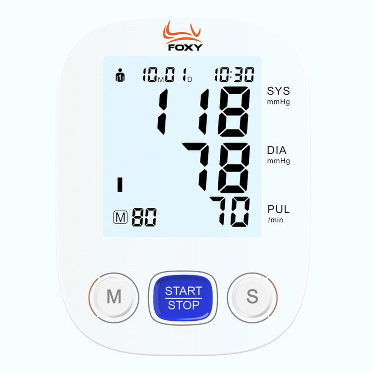 فشارسنج بازویی دیجیتال فوکسی مدل U80 با نمایشگر LCD، حافظه بیش از 99 رکورد، قابلیت اندازهگیری فشار خون و ضربان قلب، تشخیص آریتمی، دو پروفایل کاربر و منبع انرژی برق و باتری