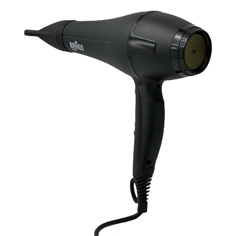 سشوار حرفهای 9000 وات براون مدل BR-1009، موتور AC، وزن 650 گرم، المنت فلز، دارای سری متمرکزکننده باریک با ویژگی صافکنندگی، حجمدهندگی، با قابلیت باد سرد، عملکرد توربو، سری قابل تعویض