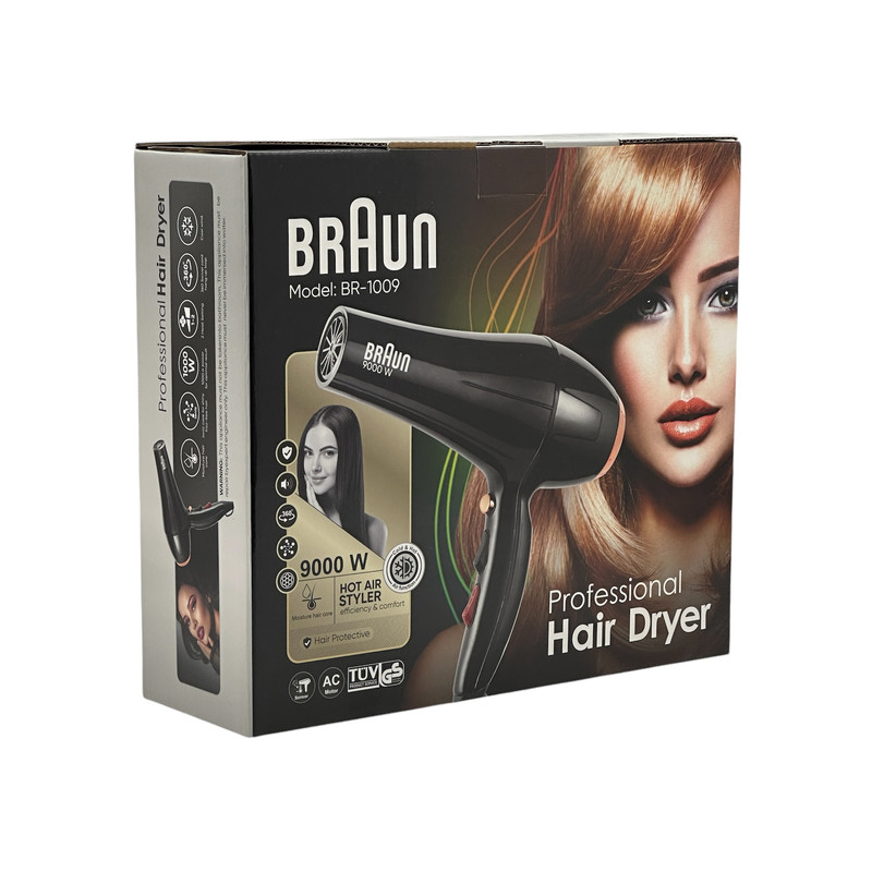 سشوار حرفهای 9000 وات براون مدل BR-1009، موتور AC، وزن 650 گرم، المنت فلز، دارای سری متمرکزکننده باریک با ویژگی صافکنندگی، حجمدهندگی، با قابلیت باد سرد، عملکرد توربو، سری قابل تعویض