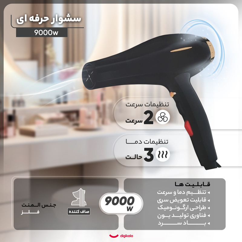 سشوار حرفهای مدل 9000w با موتور AC پرقدرت، دو سرعت، سه حالت گرمایشی، عملکرد یونیزاسیون، پخش یکنواخت گرما، طراحی ارگونومی، کمصدا، همراه با سری متمرکز کننده