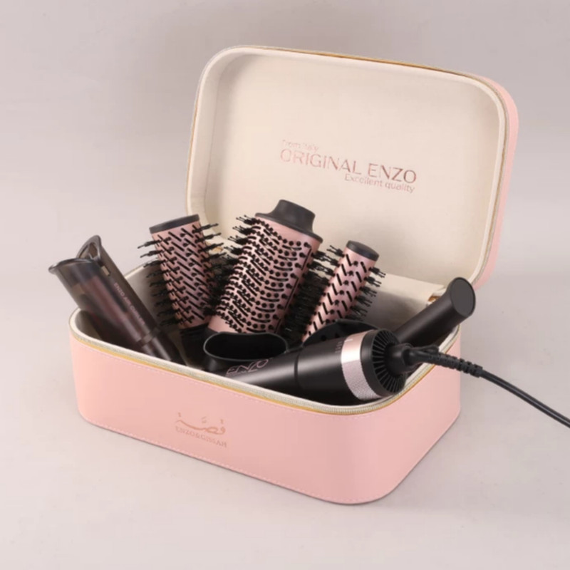 سشوار برسدار چرخشی انزو پروفیشینال مدل EN-760 7in1 با توان 1500 وات، موتور DC براشلس، تنظیمات دما و سرعت دو حالته، تکنولوژی آیونیک، سریهای متنوع و کیف نگهدارنده، مناسب استفاده خانگی و حرفهای