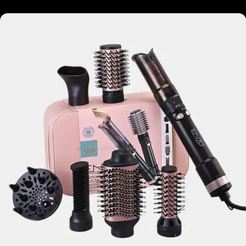 سشوار برسدار چرخشی انزو پروفیشینال مدل EN-760 7in1 با توان 1500 وات، موتور DC براشلس، تنظیمات دما و سرعت دو حالته، تکنولوژی آیونیک، سریهای متنوع و کیف نگهدارنده، مناسب استفاده خانگی و حرفهای