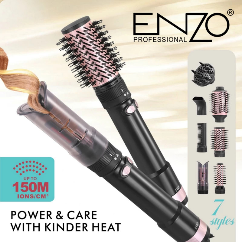 سشوار برسدار چرخشی انزو پروفیشینال مدل EN-760 7in1 با توان 1500 وات، موتور DC براشلس، تنظیمات دما و سرعت دو حالته، تکنولوژی آیونیک، سریهای متنوع و کیف نگهدارنده، مناسب استفاده خانگی و حرفهای